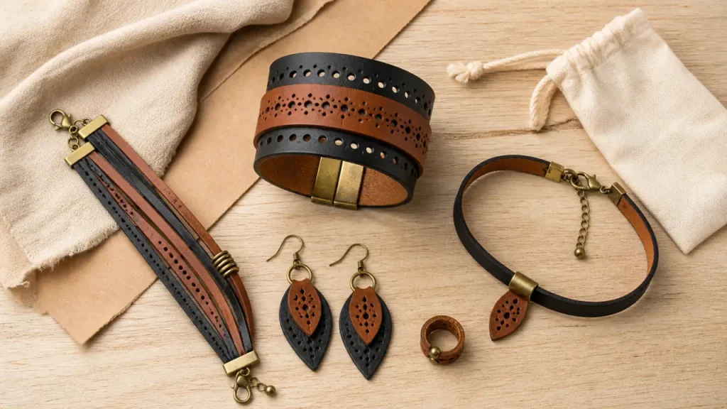 Bijoux cuir femme : bracelets, cuir réversible et colliers, vue à plat