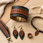Bijoux cuir femme : bracelets, cuir réversible et colliers, vue à plat