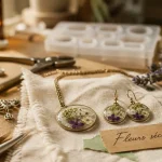 Bijoux fleurs séchées en atelier artisanal, fleurs pressées sous résine