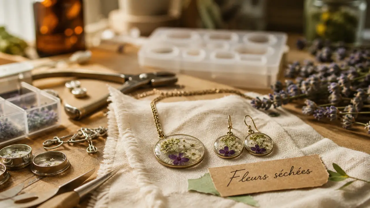 Bijoux fleurs séchées en atelier artisanal, fleurs pressées sous résine