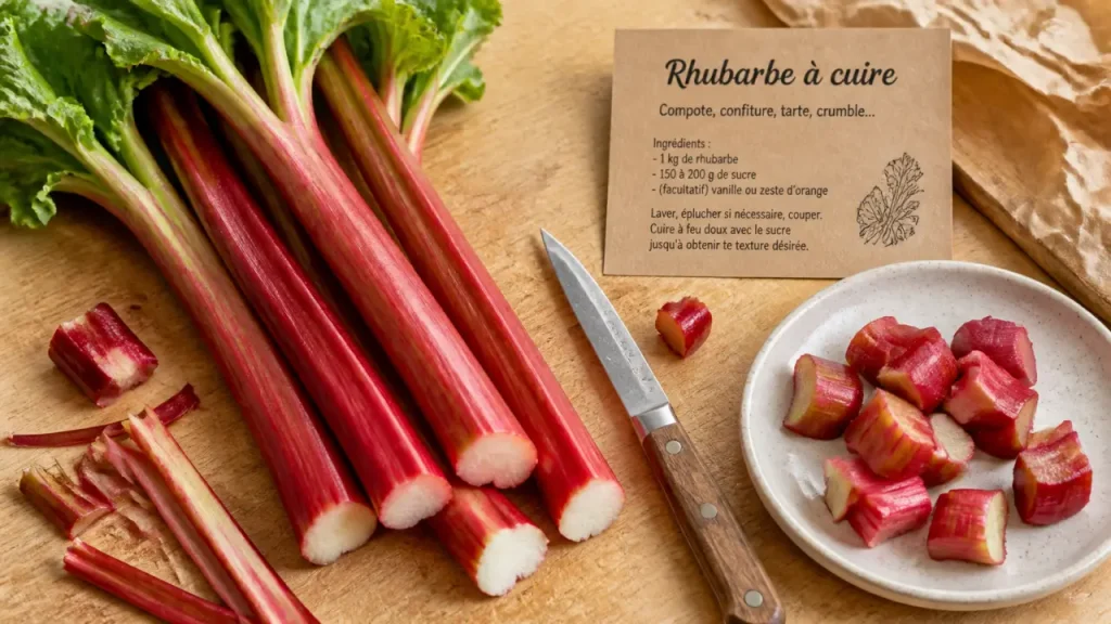 Cuir rhubarbe sans détremper, 15 min à la casserole et 180°C au four