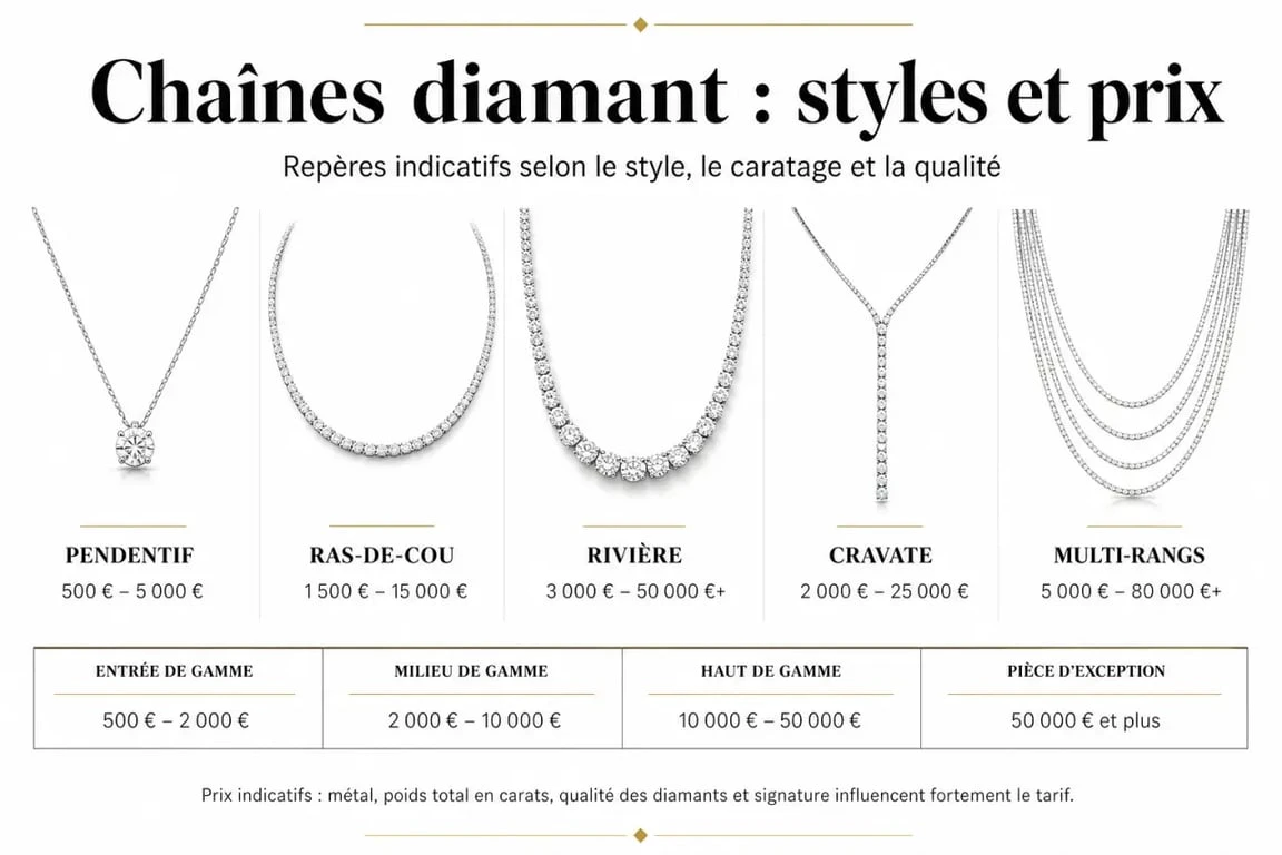 Chaîne diamant : comparaison visuelle des styles, métaux et fourchettes de prix