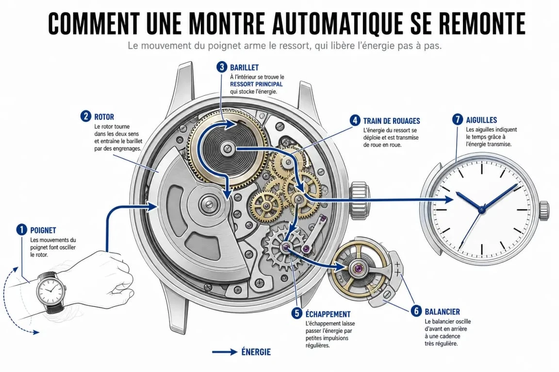 Fonctionnement d une montre automatique illustré par un schéma du rotor, du ressort et des aiguilles
