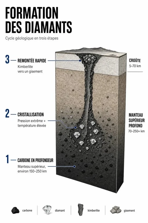 Formation des diamants : du manteau terrestre à la remontée par kimberlite