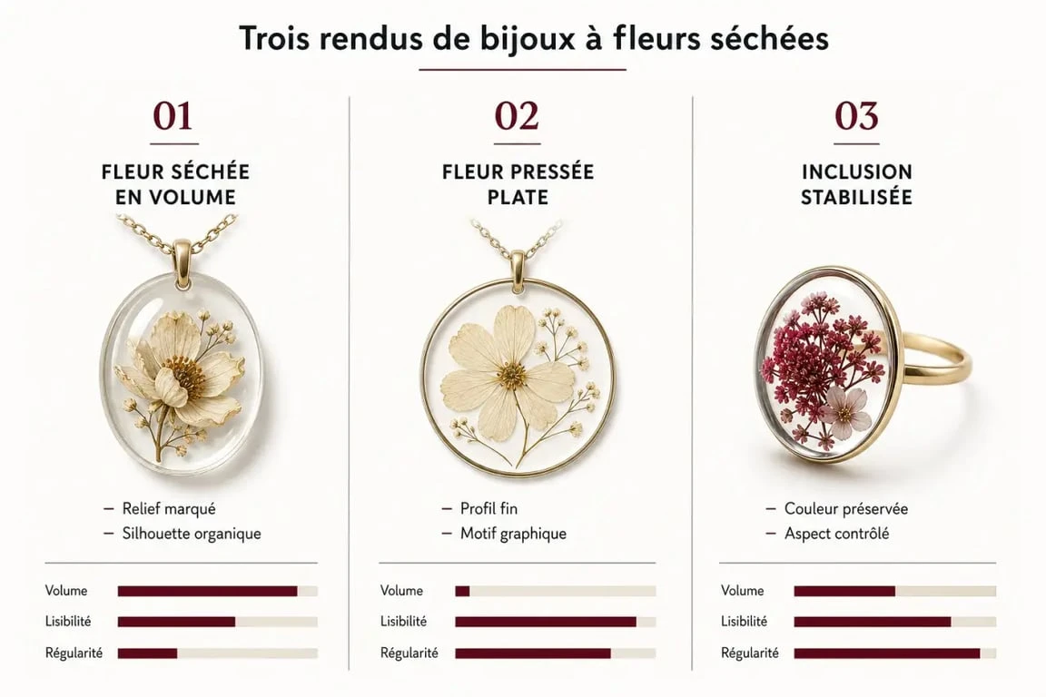 Comparaison visuelle des bijoux fleurs séchées, pressées et stabilisées