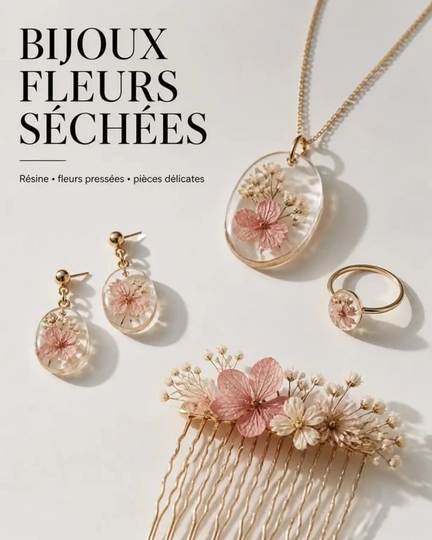 Bijoux fleurs séchées présentés en composition éditoriale élégante