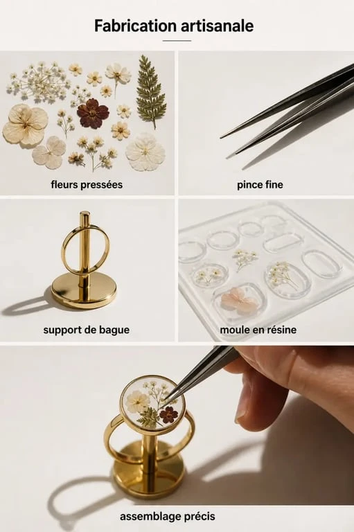 Fabrication artisanale de bijoux fleurs séchées en atelier