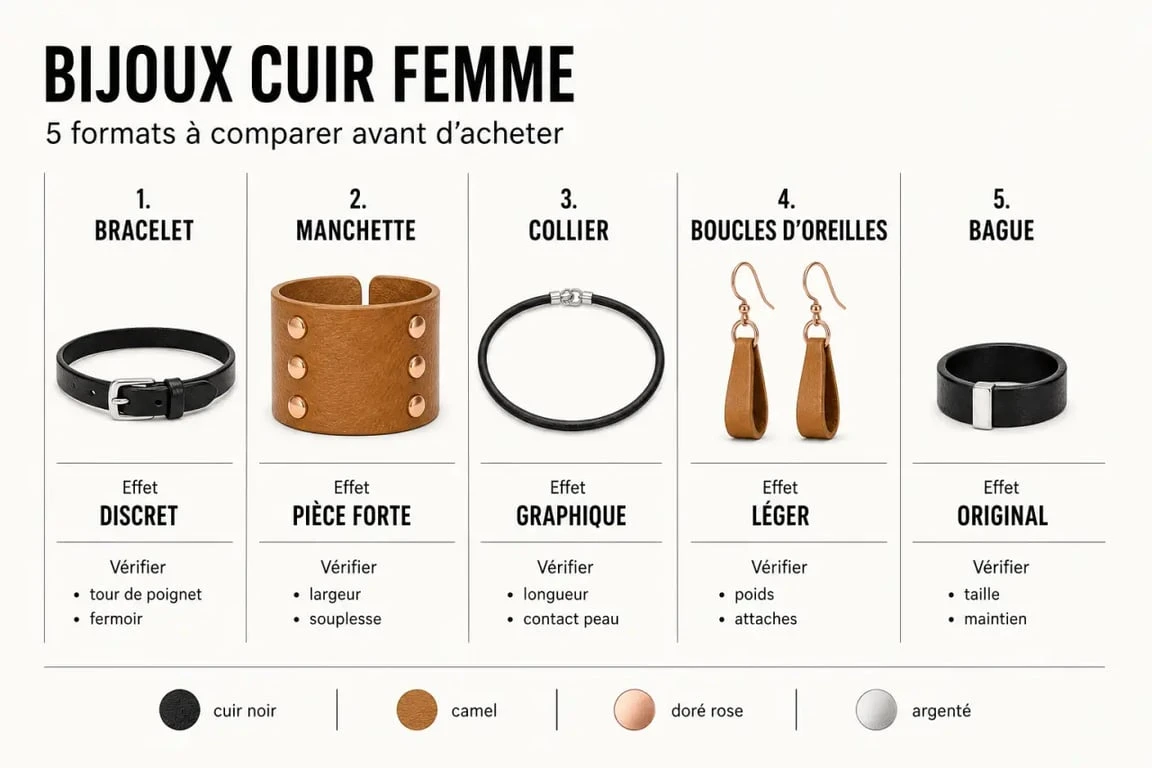 Bijoux cuir femme : comparaison visuelle des bracelets, manchettes, colliers, boucles d’oreilles et bagues