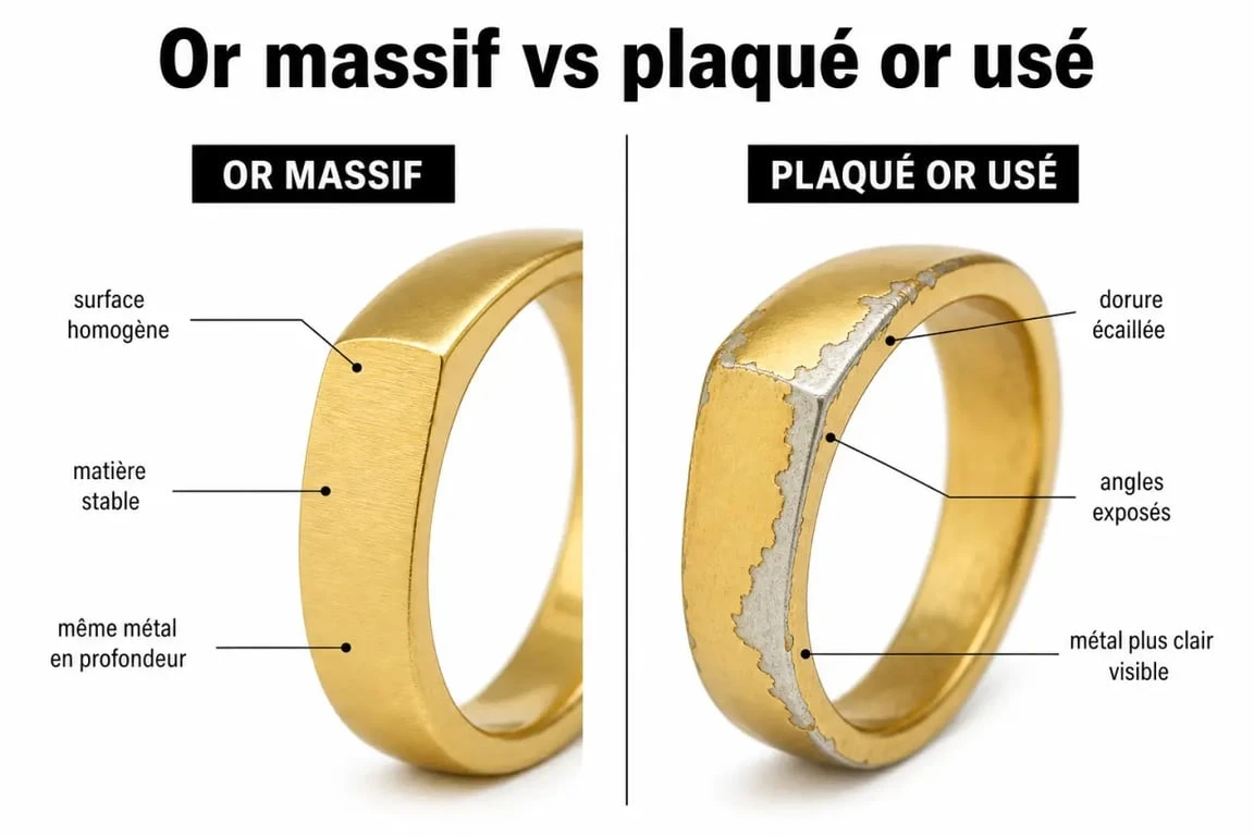 Comment reconnaitre de l or : comparaison visuelle entre or massif et plaqué or usé