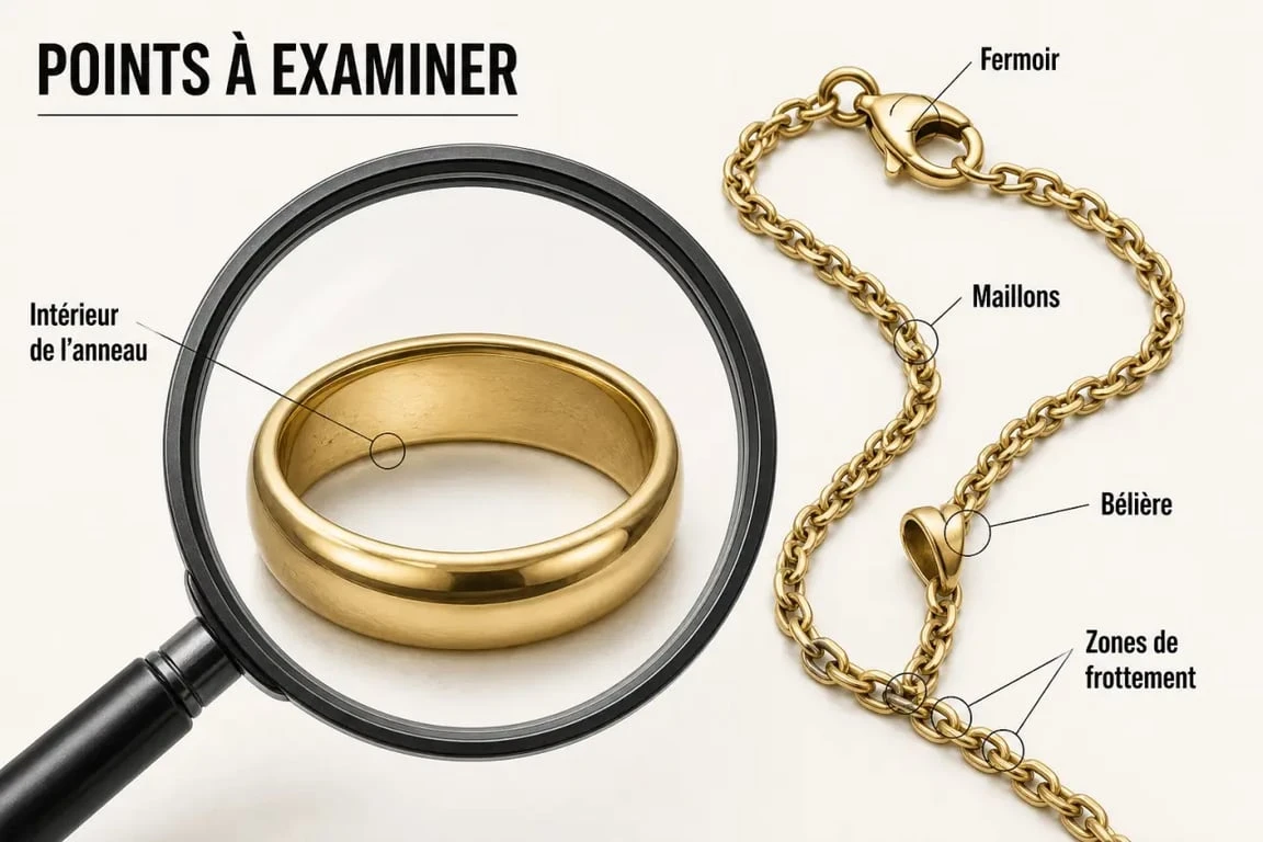 Comment reconnaitre de l or : gros plan sur une bague et une chaîne avec poinçons et zones d’usure à inspecter