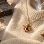 Bijoux abeille : pendentif en or, tenue claire, vue rapprochée