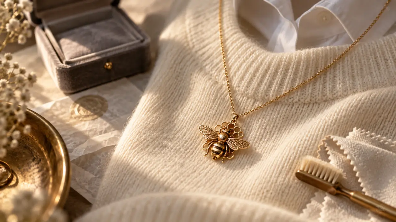 Bijoux abeille : pendentif en or, tenue claire, vue rapprochée