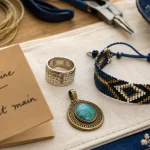 Bijoux ethniques artisanaux faits main : bague argent martelé, bracelet perles, pendentif turquoise