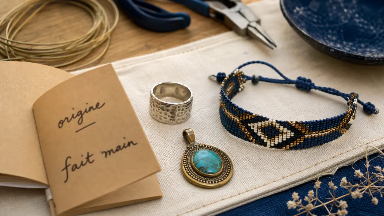 Bijoux ethniques artisanaux faits main : bague argent martelé, bracelet perles, pendentif turquoise