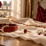 Bijoux rouge sur table : bracelet et bague, robe rouge en arrière-plan