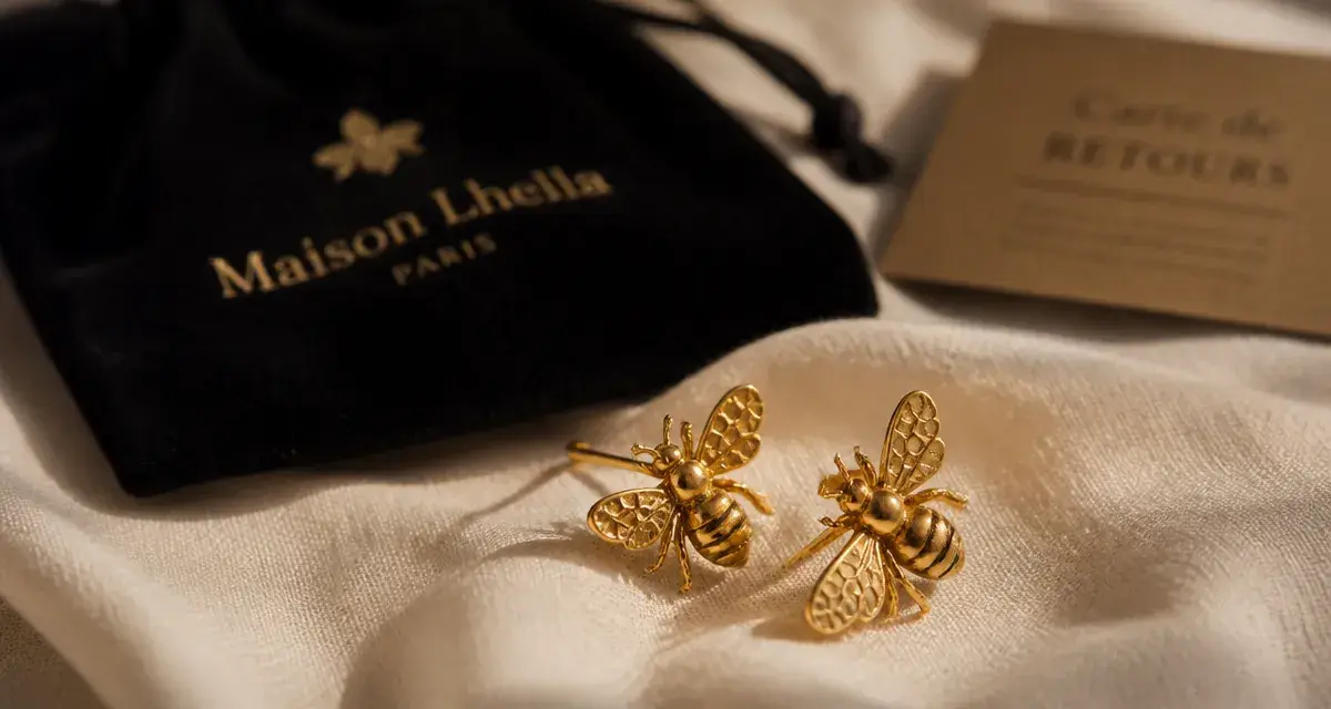 Boucle oreille abeille dorée, gros plan sur les alvéoles
