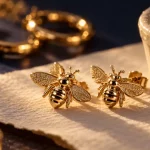 Boucles d'oreille abeille en acier doré, gros plan.