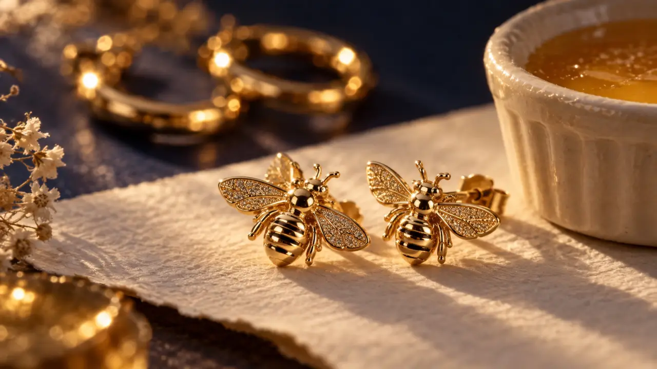 Boucles d'oreille abeille en acier doré, gros plan.