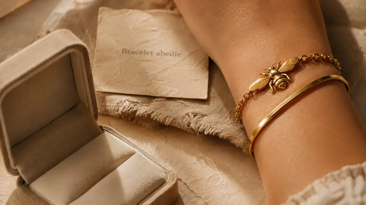 Bracelet abeille en acier doré et jonc minimaliste sur poignet