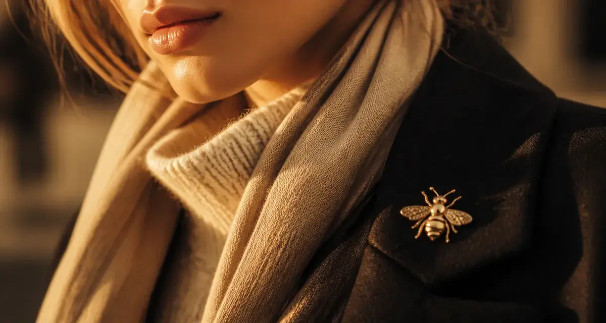 Broche abeille dorée sur veste noire