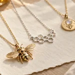Collier abeille : pendentifs doré et argent sur table en bois clair