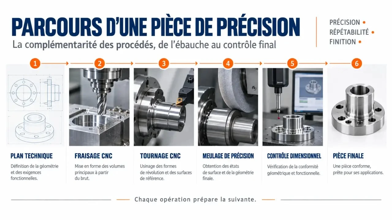 Mécanique de précision suisse : parcours d’une pièce entre fraisage CNC, tournage, meulage et contrôle