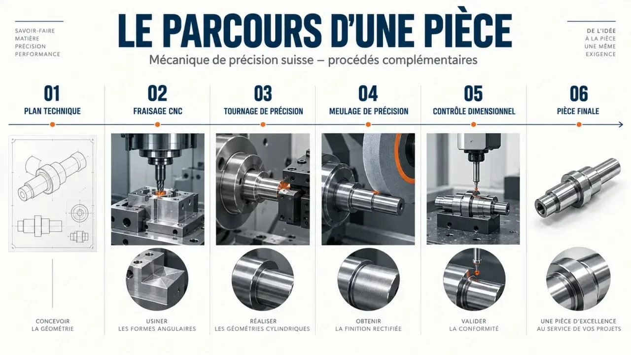 Mécanique de précision suisse : parcours d’une pièce entre fraisage CNC, tournage, meulage et contrôle