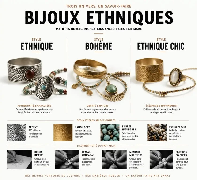 Bijoux ethniques artisanaux comparés selon style, matières et origine