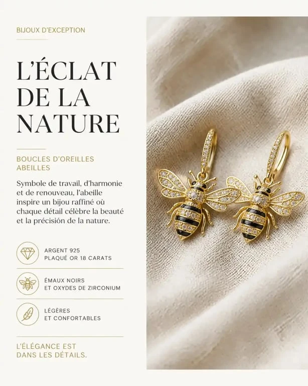 Boucle d'oreille abeille élégante posée sur un tissu en lin, bijou de haute fantaisie