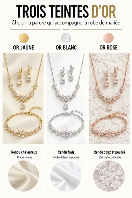 Parure en or pour mariage en or jaune, or blanc et or rose avec accords de robes