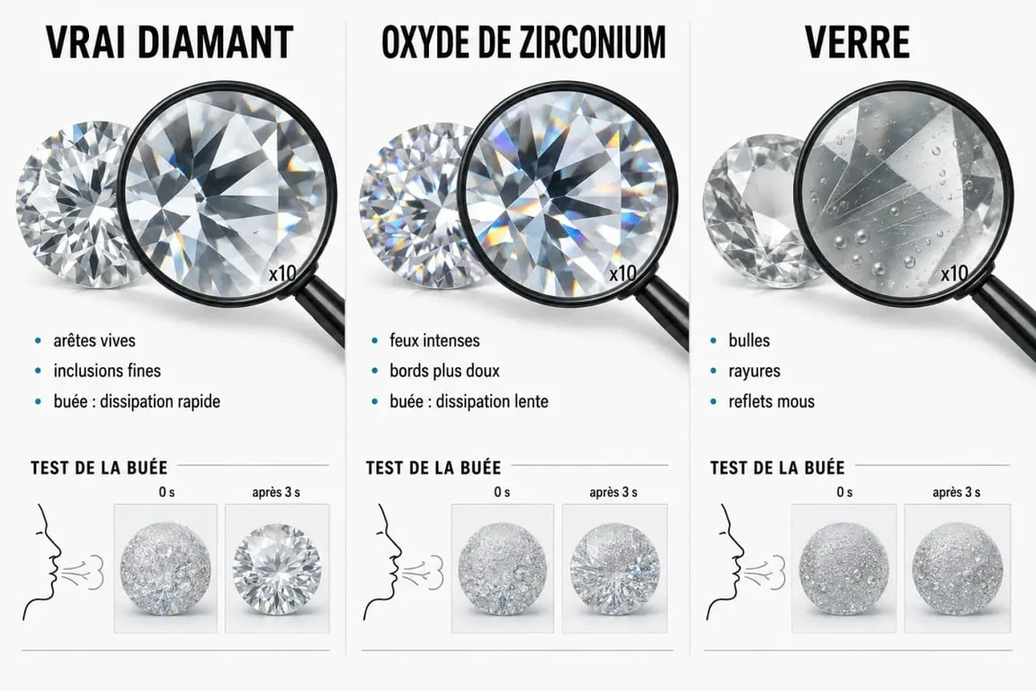 Vrai diamant : comparaison visuelle entre diamant authentique, oxyde de zirconium et verre sous loupe x10