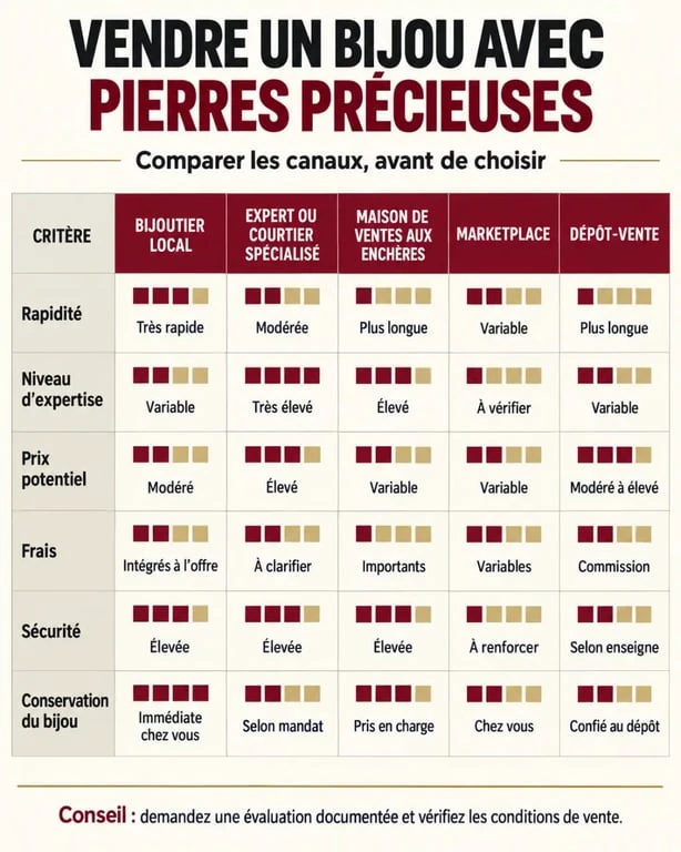 Infographie pour savoir où vendre ses bijoux avec pierres précieuses selon la rapidité, l’expertise et le prix potentiel