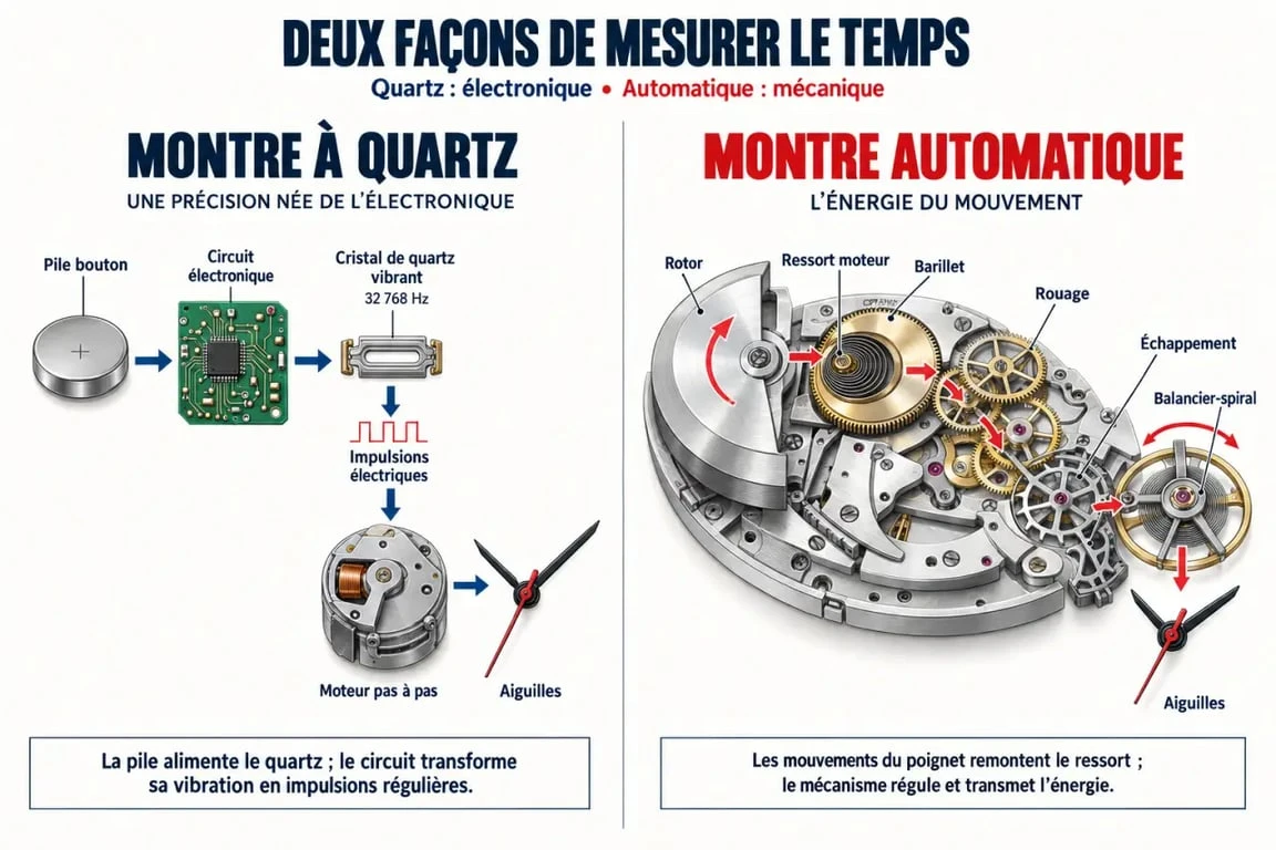 Fonctionnement d’une montre à quartz ou automatique avec cristal de quartz et rotor