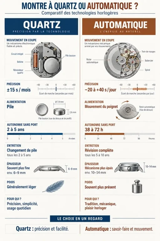 Montre à quartz ou automatique : comparaison de la précision, de l’autonomie et de l’entretien