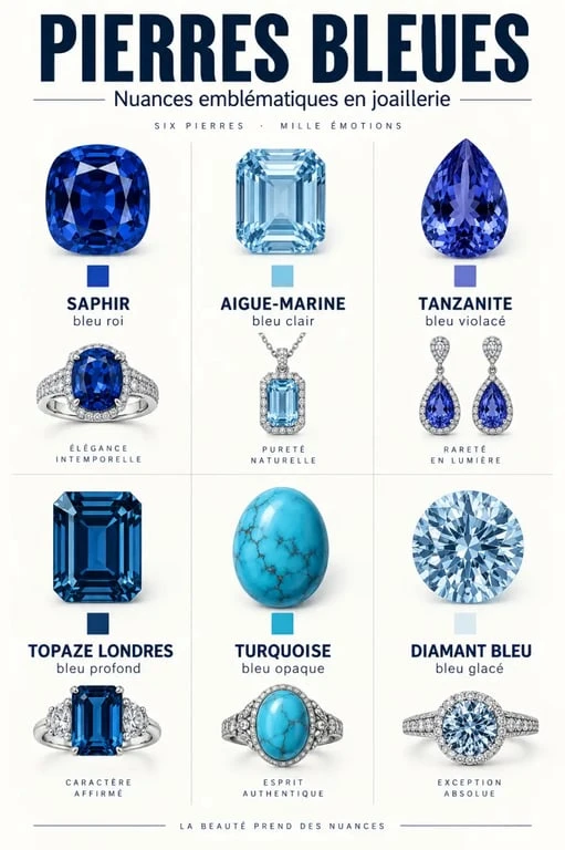 Pierres bleues bijoux : palette comparative de saphir, aigue-marine, tanzanite, topaze, turquoise et diamant bleu