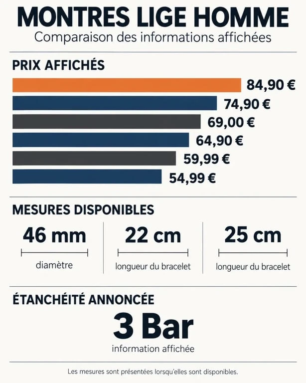 Infographie comparative des montres LIGE homme par prix, dimensions et étanchéité