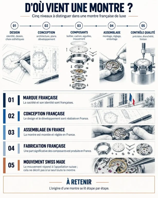Infographie sur l'origine d'une montre française de luxe et la distinction entre conception, assemblage et fabrication