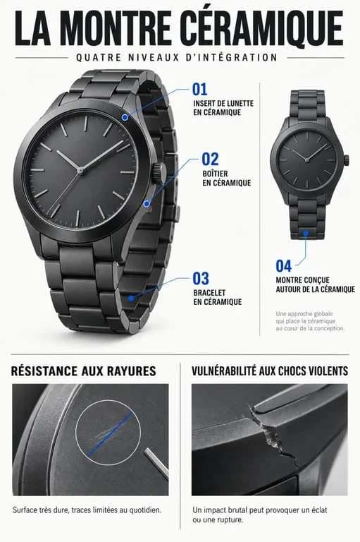 Montre céramique : différences entre boîtier, bracelet, lunette et conception entièrement en céramique