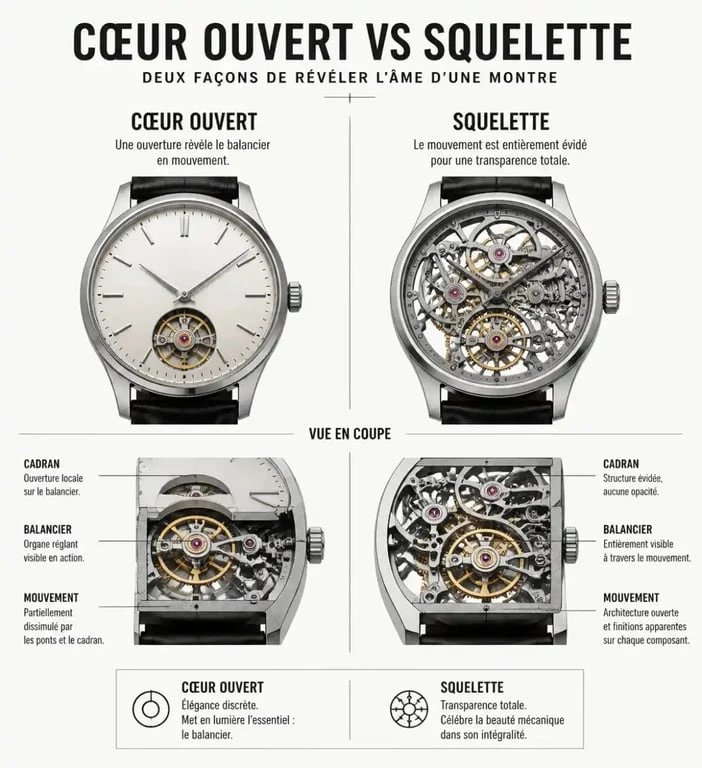 Schéma explicatif montrant la différence entre montre squelette et cœur ouvert pour les montres automatiques squelette homme