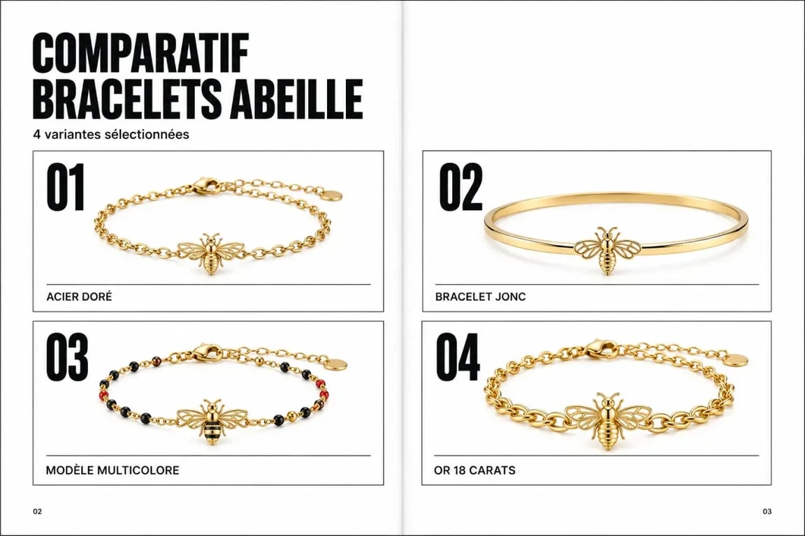 Comparatif bracelet abeille montrant plusieurs styles et matières