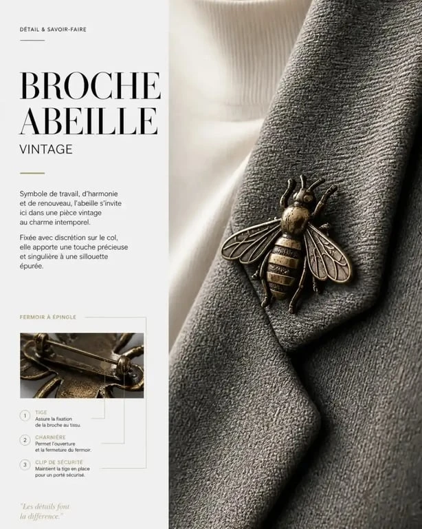 Broche abeille vintage fixée au col d'une veste en laine grise