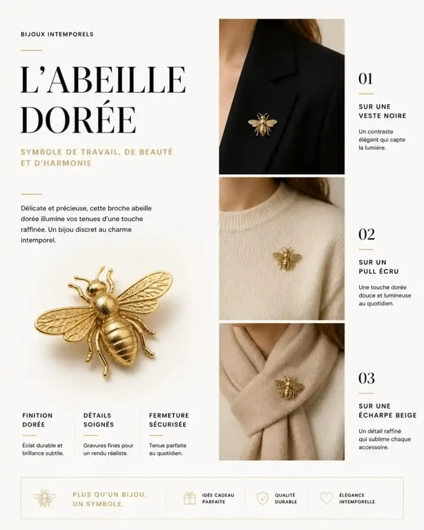 Broche abeille dorée portée sur une veste noire, un pull écru et une écharpe beige