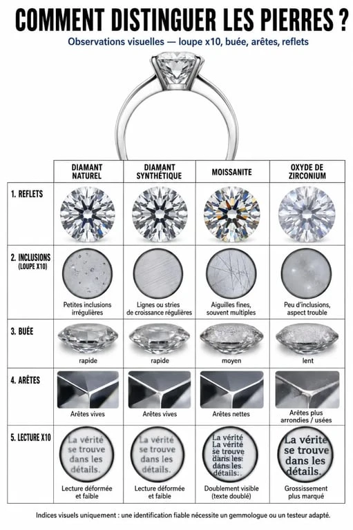Reconnaître un vrai diamant sur une bague : comparaison visuelle entre diamant naturel, diamant synthétique, moissanite et oxyde de zirconium