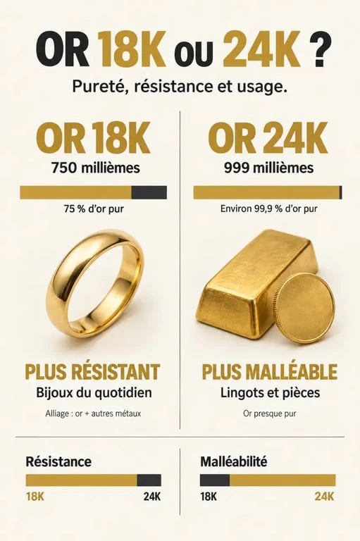 Comparaison de l'or 18 ou 24 carats selon la pureté, la résistance et les usages