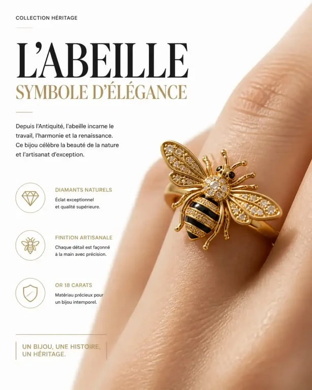 Bague abeille en or avec diamants portée sur un doigt, style joaillerie de luxe