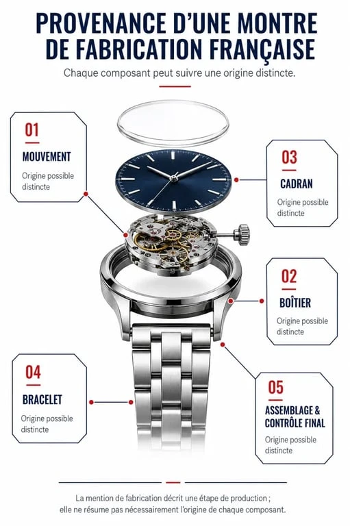 Infographie sur la provenance des composants d’une montre fabrication française
