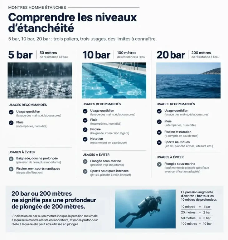Infographie des niveaux d’étanchéité des montres homme étanches de 5 à 20 bar