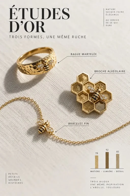 Sélection de bijoux abeille bague broche et bracelet pour composer une parure