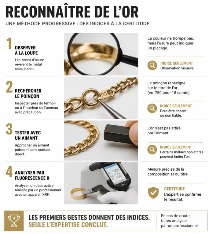 Comment reconnaître de l'or : étapes d'observation, lecture du poinçon et confirmation par analyse professionnelle