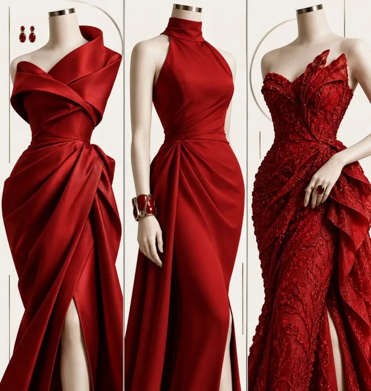 Bijoux rouge portés avec une robe rouge selon différentes associations de style